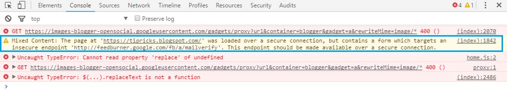 Mixed Content Google Chrome console