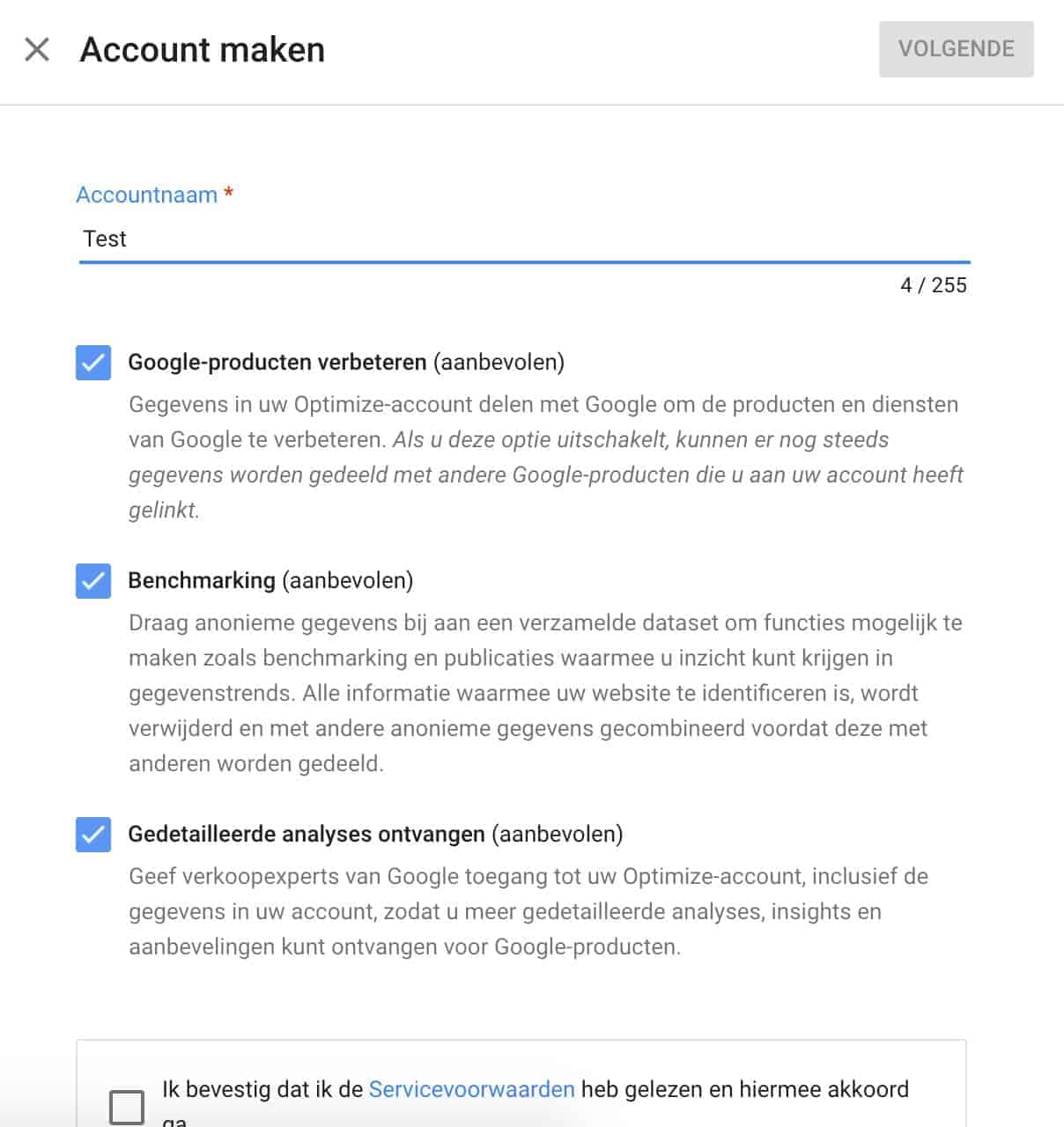 Account maken Google Optimize