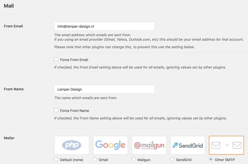 Mail SMPT instellingen WordPress