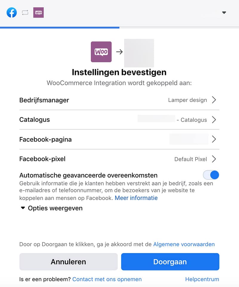 Instellingen Facebook for WooCommerce