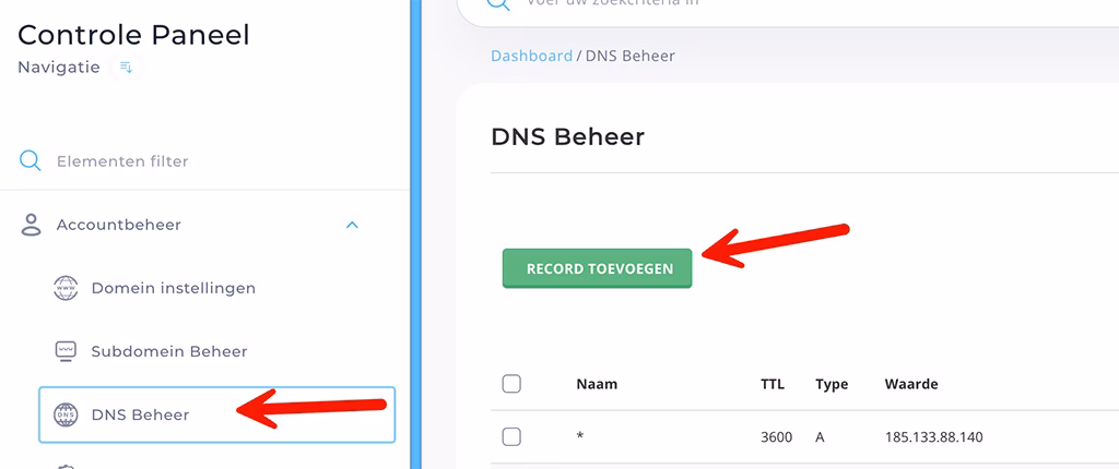 DNS record direct admin toevoegen