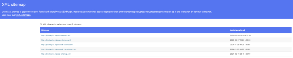XML Sitemap overzichtspagina met verschillende sitemaps