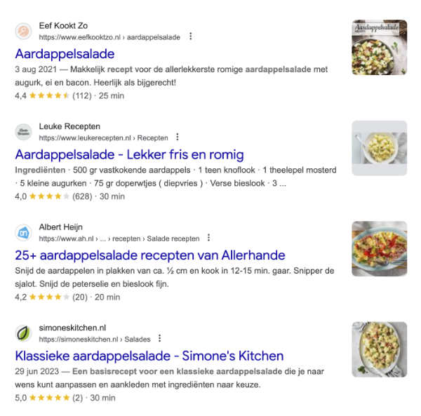 Google resultaatpagina met Rich Results van verschillende foodblogs met aardappelsalade recepten
